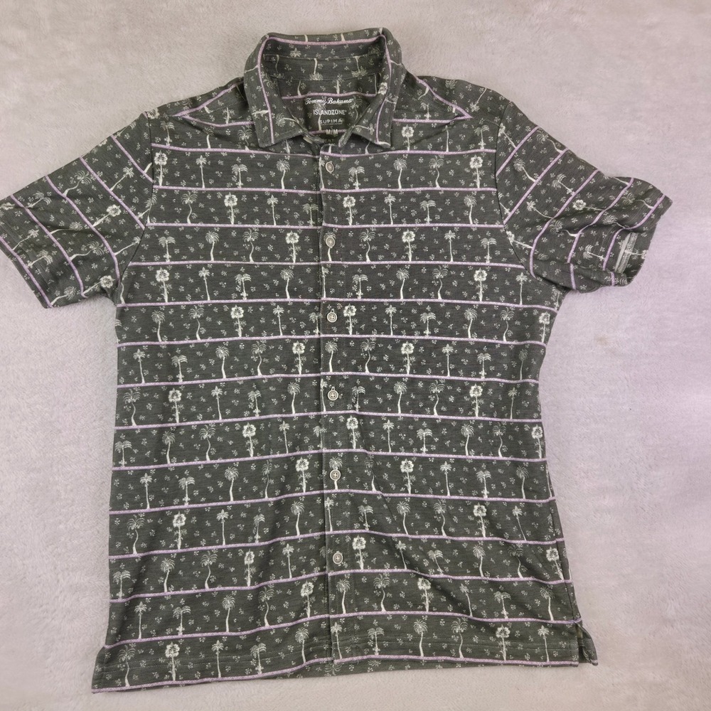 Tommy Bahama IslandZone Supima Cotton Palm Stripe Shirt Mens Medium Grey 3224
